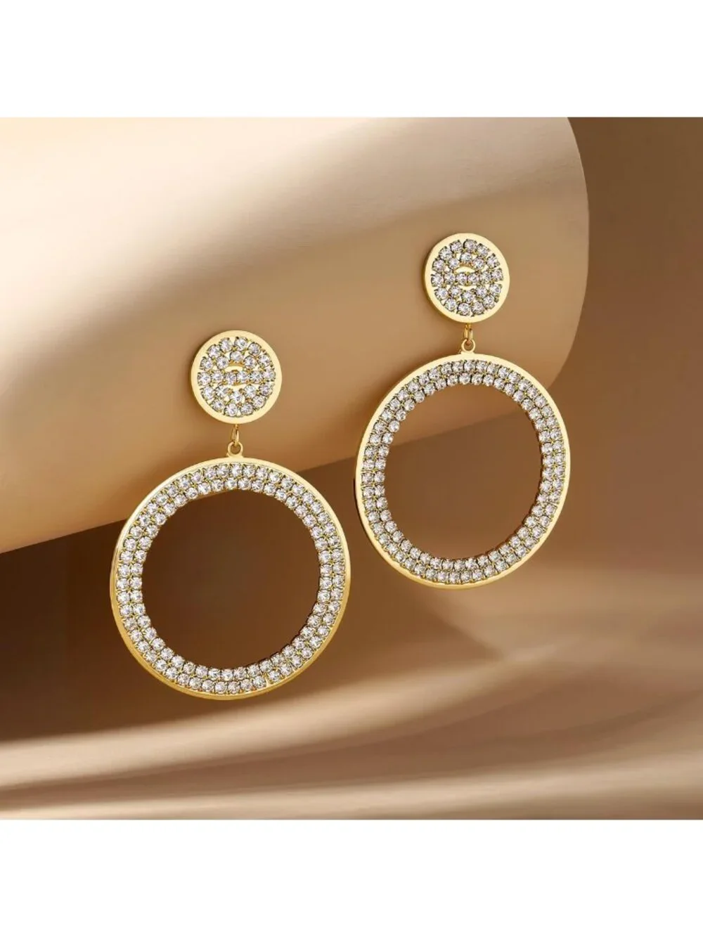 Gorgeous Gold Plated Circle Drop Earrings with Pavé Crystal Rhinestones, 60mm